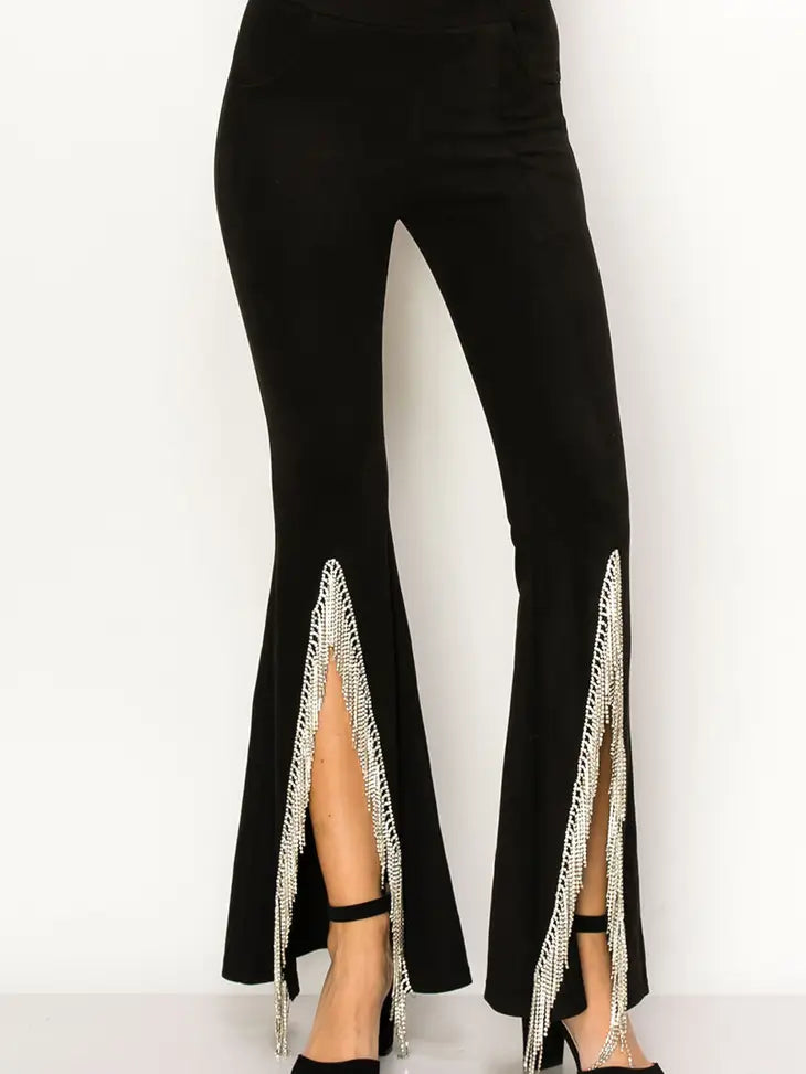Rhinestone Fringe Suede Bell Bottom Pants
